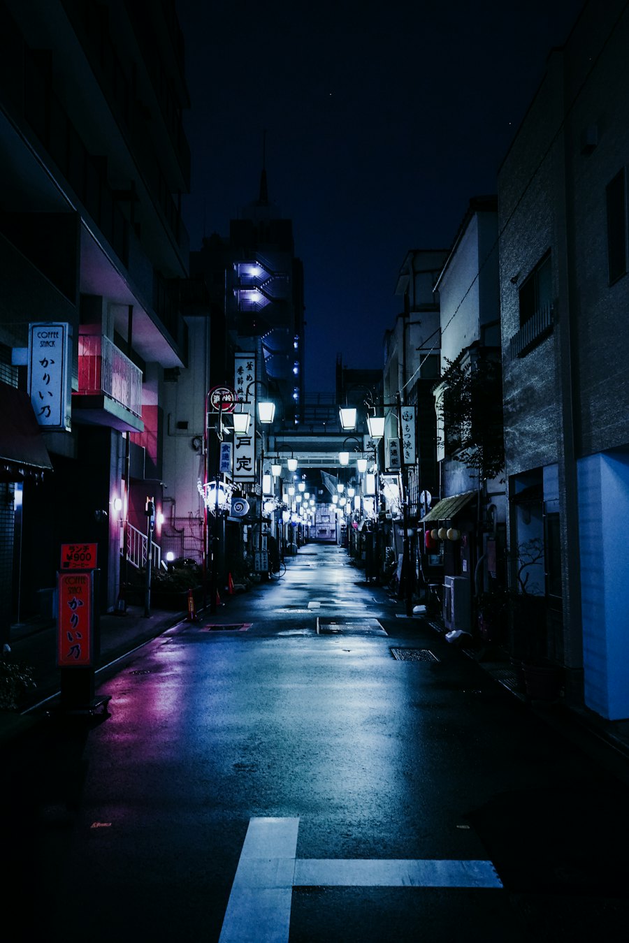 Neon-lit alley at night