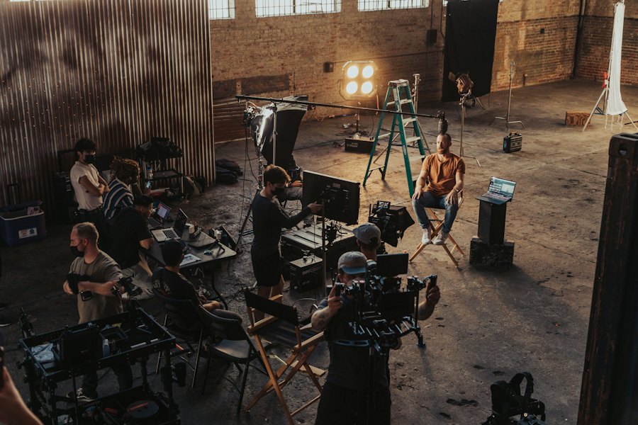 Crew on an industrial interview set